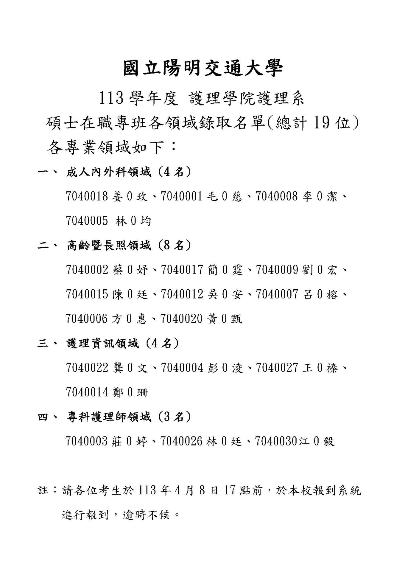 【公布於學院網站】碩士在職專班各領域錄取名單(總計19位) (1)