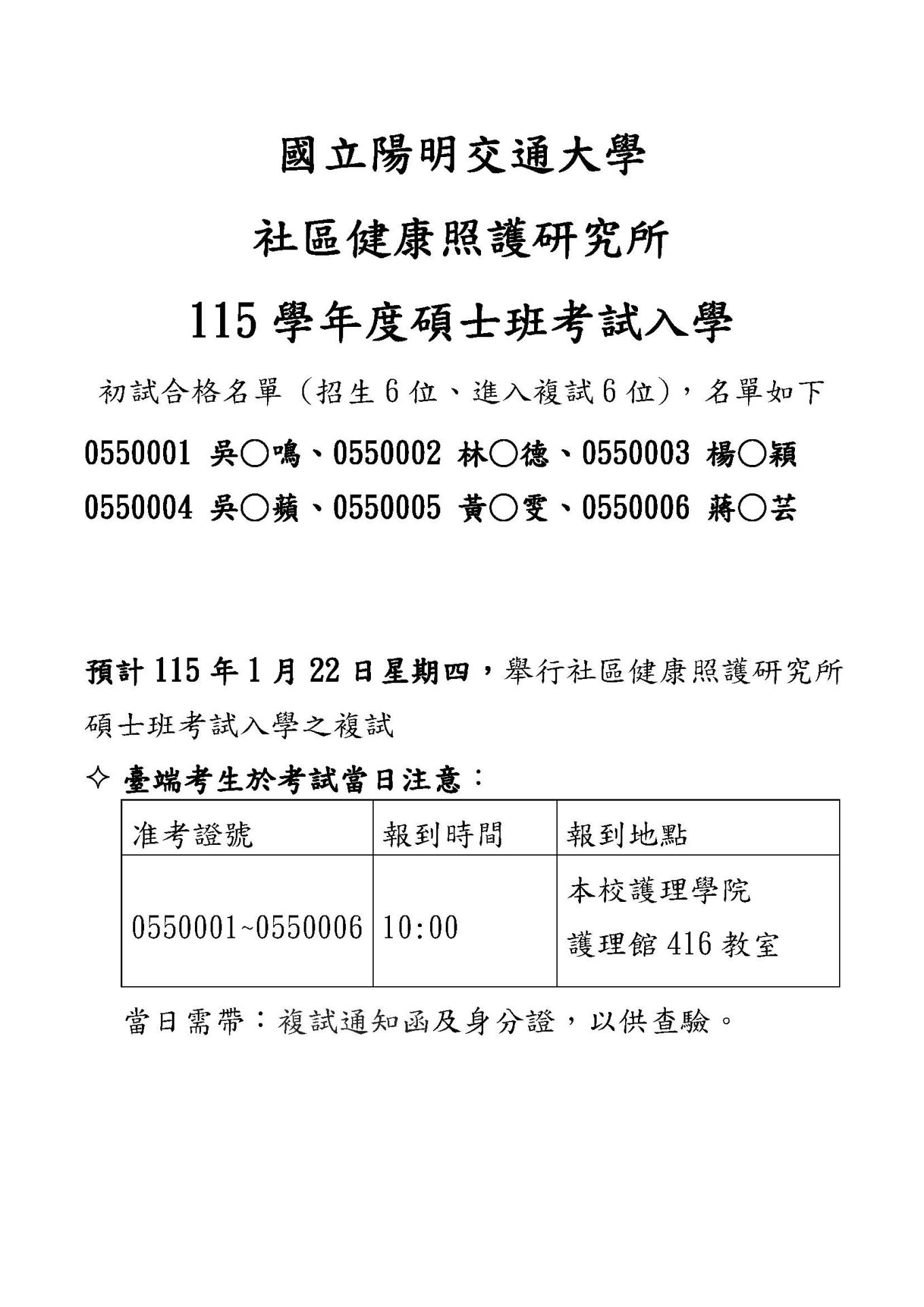 115學年度社區所考試入學【初試通過公告】