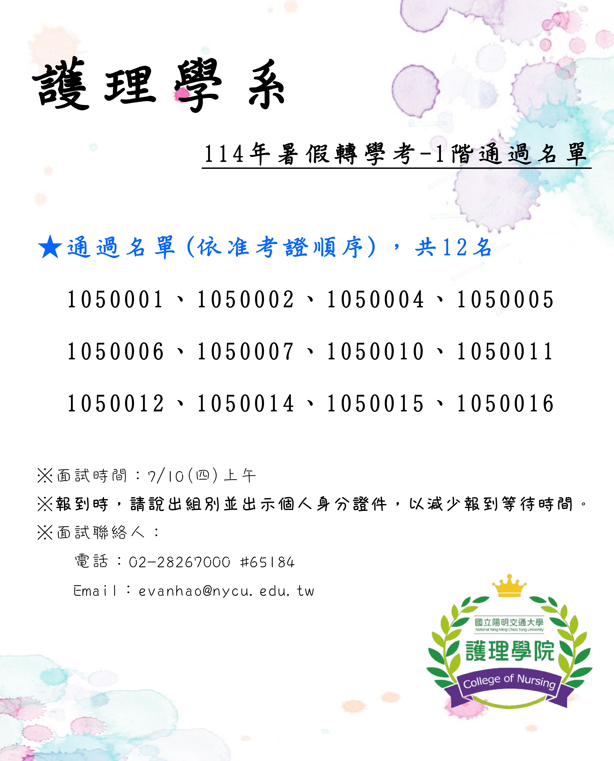 114年暑假轉學考1階通過名單